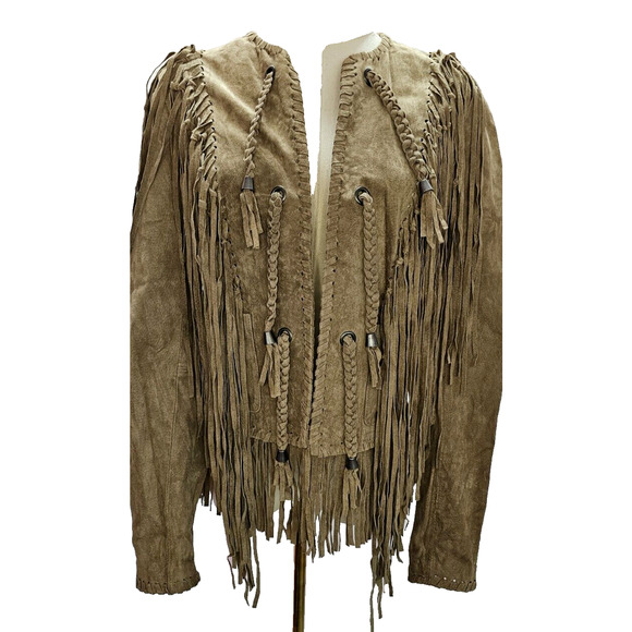 ECOTE Brown Leather Fringe Braids Beaded Jacket Coat Western Cowgirl Womens Sm